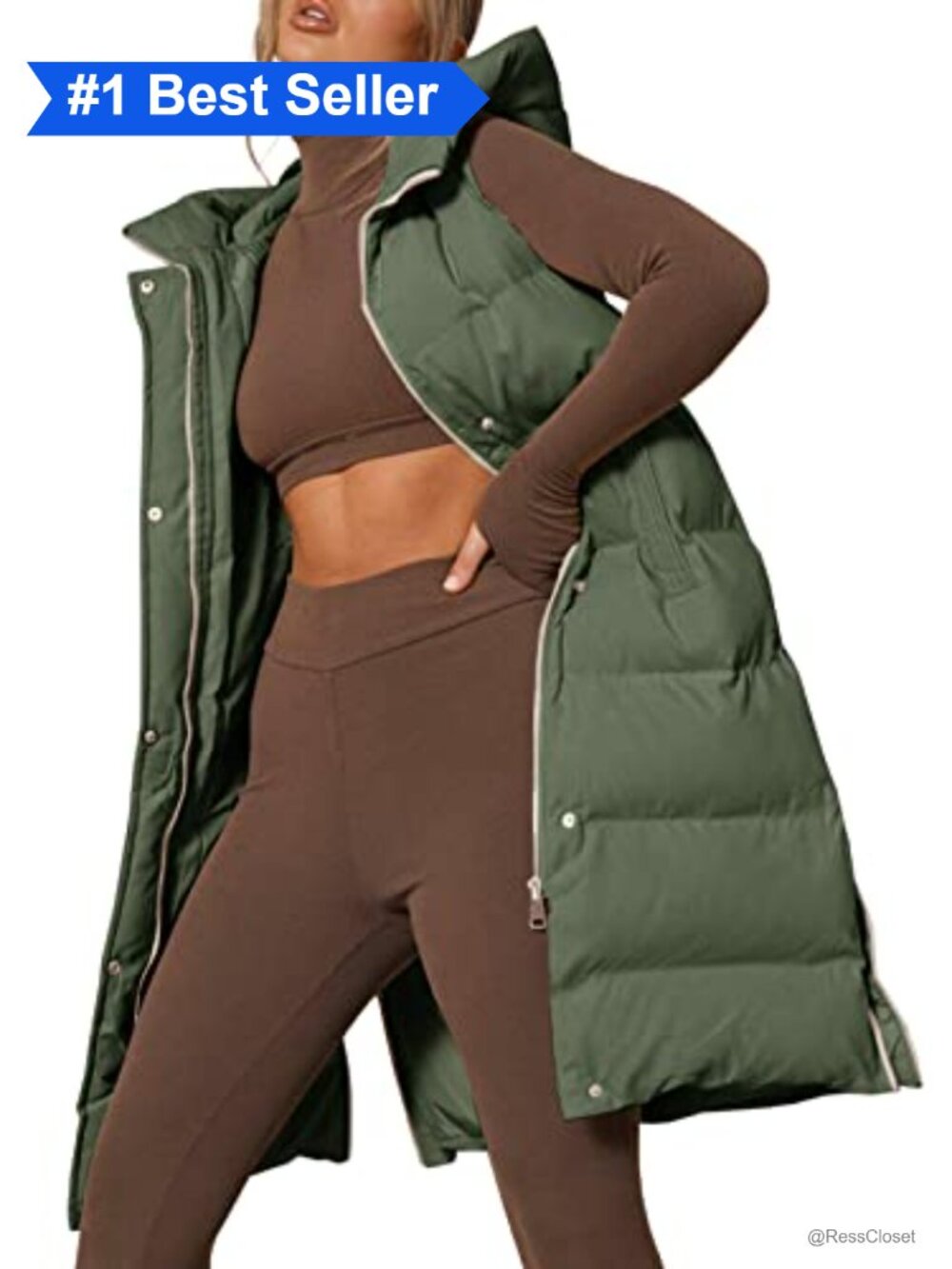 Women's Long Hooded Puffer Vest Sleeveless Zip Up Down Vest Polyester